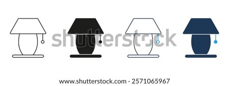 Table Lamp with Shade Line and Silhouette Icon Set. Bedside Lighting Symbol. Home Lighting with Switch. Editable Stroke. Isolated Vector Illustration.