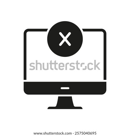 Computer Monitor with Cross Sign Silhouette Icon. Error or Cancel Action on Desktop Screen Glyph Symbol. Isolated Vector Illustration.