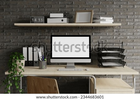 Similar – Image, Stock Photo Minimalist home office closeup concept with tiny cactus in white ceramic pot on wooden ring for air purification to help promote productivity
