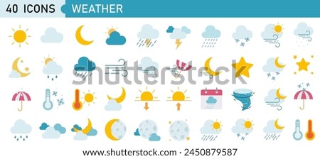 Set of 40 weather web icons in line style. Weather , clouds, sunny day, moon, snowflakes, wind, sun day. Vector illustration..