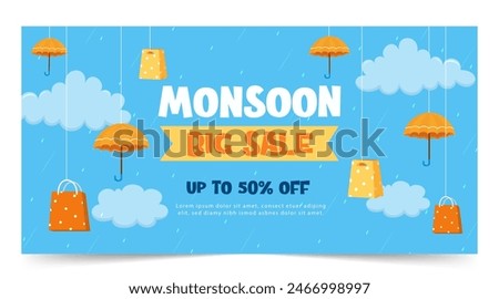 Monsoon Sale Poster. Monsoon Sale banner. Discount, Offers. monsoon season background. rainy day concept. rainy season. rainy background. rain. Umbrella. template, card, flyer. vector illustration..