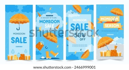 Monsoon sale, Set of 4 vector brouchure, Discount, Offers. monsoon season background. rainy day concept. rainy season. rainy background. rain. Umbrella. template, Vector illustration..