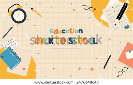 Vibrant back to school illustration featuring educational supplies and stationery on a grid background. Ideal for school, learning, and education-related projects.