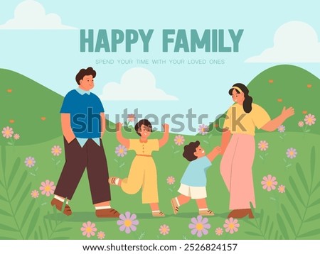 Happy family enjoying a walk in a flower-filled field, showing joy and togetherness outdoors.