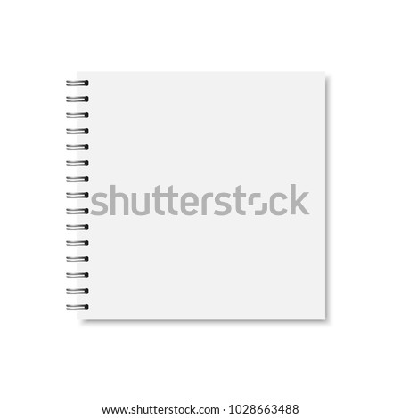 Vector white realistic closed notebook cover. Square blank notebook, copybook, brochure, menu with metallic silver spiral. Mock up of organizer or diary isolated.