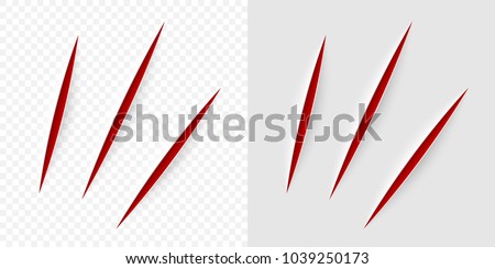 Vector realistic red cut with a office knife on paper sheet isolated. Claws animal scratches on transparent background.