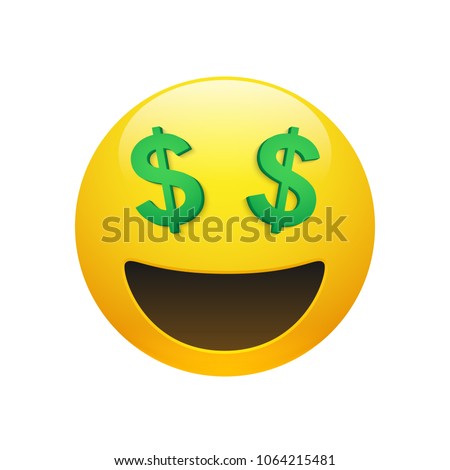 Vector Emoji yellow smiley face with dollar symbol eyes and mouth on white background. Funny cartoon Emoji icon. 3D illustration for chat or message.