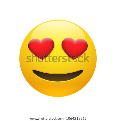 Vector Emoji yellow stupid smiley face with red heart eyes and mouth on white background. Funny cartoon Emoji icon. 3D illustration for chat or message.