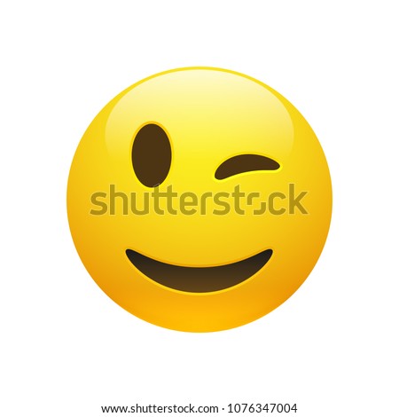 Vector Emoji yellow smiley winking face with eyes and mouth on white background. Funny cartoon Emoji icon. 3D illustration for chat or message.