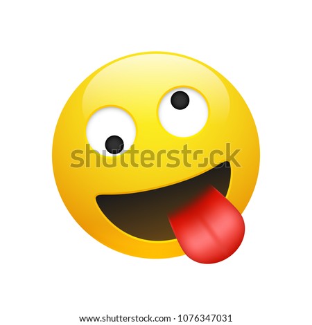 Vector Emoji yellow smiley crazy face with eyes and mouth showing tongue on white background. Funny cartoon Emoji icon. 3D illustration for chat or message.