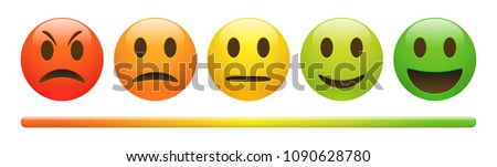 Vector emotion feedback scale on white background. Angry, sad, neutral and happy emoticon set. Glossy red, orange, yellow and green funny cartoon Emoji icon. 3D illustration