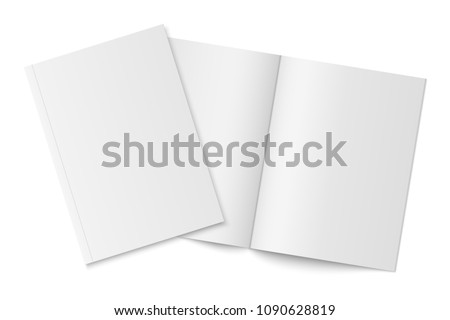 Vector mockup of two thin books with soft cover isolated. Gray vertical magazine, brochure or booklet template opened and closed on white background. 3d illustration for your design