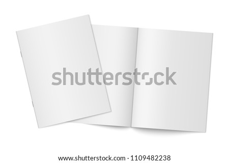 Vector mockup of two thin books with soft cover isolated. Gray vertical magazine, brochure or booklet template opened and closed on white background. 3d illustration for your design