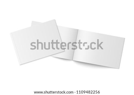 Vector mockup of two thin books with soft cover isolated. Gray horizontal magazine, brochure or booklet template opened and closed on white background. 3d illustration for your design
