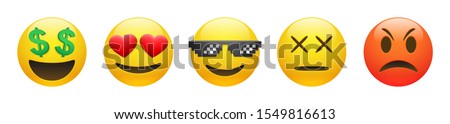 Set of vector yellow rich, dead, angry, thug life emoticon and emoticon in love with heart eyes on white background. Glossy funny cartoon Emoji icon collection. 3D illustration for chat or message.