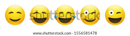 Set of vector yellow happy smiling emoticon with squinting eyes, winking and smiling emoticon with tears of joy on white background. Glossy funny cartoon Emoji icon collection with positive emotions.