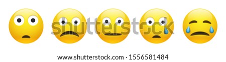 Set of vector yellow unhappy sad, astonished, neutral and crying emoticon with squinting eyes on white background. Glossy funny cartoon Emoji icon collection with negative emotions. 3D illustration