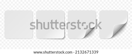 Vector white realistic paper stickers isolated on white background. Set of square stickers curved with white corner and soft shadows. 3D illustration for your design.