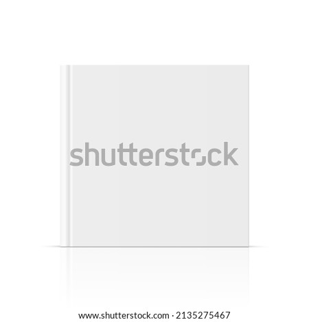 Vector realistic mockup of standing book with white blank cover isolated. Closed square hardcover book, catalog or magazine mock up with reflection on white background. 3d illustration. Front view. Stock fotó © 
