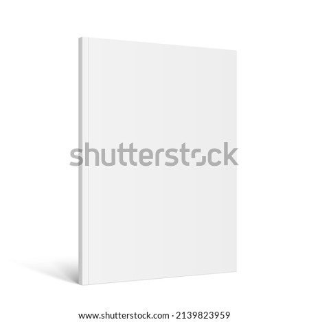 Vector realistic standing 3d magazine mockup with white blank cover isolated. Closed vertical paperback booklet, catalog or magazine mock up on white background. Diminishing perspective