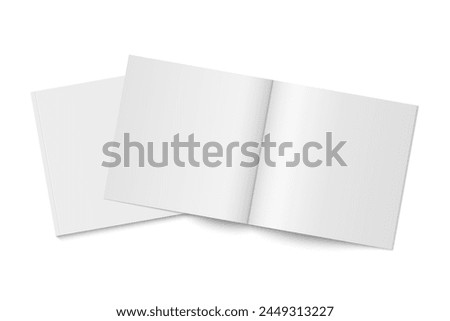 Vector mockup of two white paperback magazines with transparent shadow. Blank realistic square magazine, book, brochure or booklet template opened and closed on white background. 3d illustration