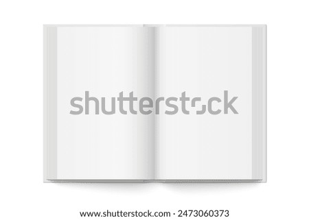 Vector mockup of hardcover book spread isolated. Realistic vertical book, brochure or booklet template opened on white background. 3d illustration.