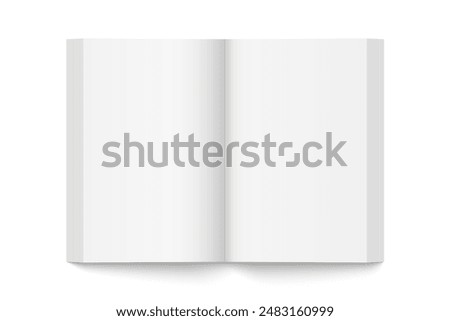 Vector mockup of paperback vertical book spread with white cover isolated. Realistic book, brochure or booklet template opened on white background. 3d illustration.