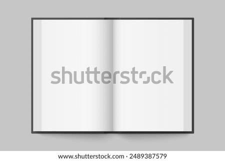 Vector mockup of hardcover vertical book spread with black cover isolated. Realistic book, brochure or booklet template opened on white background. 3d illustration.