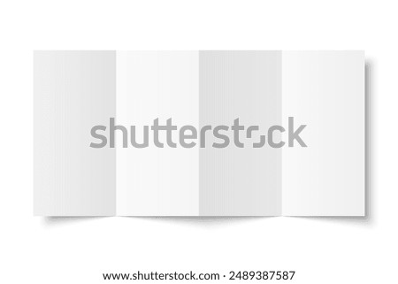 Vector white blank vertical four panel accordion fold opened on white background. Concertina fold, leaflet, brochure, booklet, flyer or invitation card mockup. Mock up front side isolated.