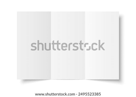 Vector white blank vertical three panel roll fold opened on white background. Trifold, leaflet, brochure, booklet, flyer or invitation card mockup. Mock up front side isolated. 3D illustration