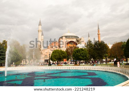 ISTANBUL, TURKEY - SEPTEMBER 23: Hagia Sophia former Greek Orthodox patriarchal basilica (church), later an imperial mosque, and now a museum  on September 23, 2014 in Istanbul, Turkey