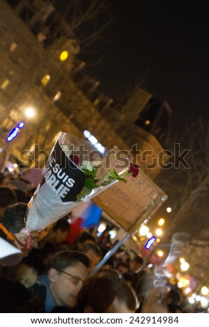PARIS - JANUARY 8: Peaceful protest in Place de la Republique against the terrorist attack on Charlie Hebdo journal, promoting freedom of speech in Paris, France on 08 January 2015