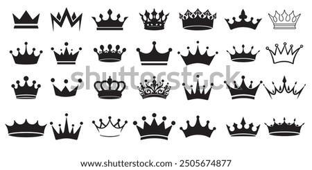 Crown vector collection, royal luxury symbols, black crown silhouettes, diverse crowns designs, isolated on white background, symbolizing power, authority,