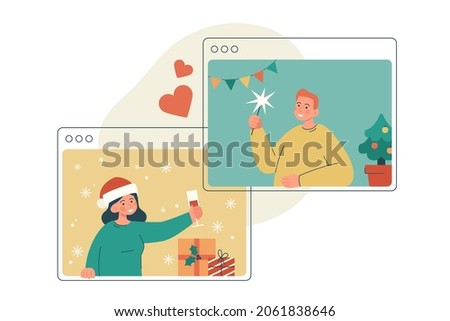 Happy couple celebrating christmas online with champagne and presents. Meeting together by video call during isolation. Remote holiday greetings concept. Modern flat vector illustration