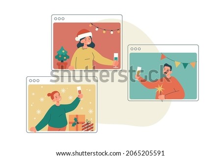 Group of cheerful friends celebrating christmas online. Meeting together by video call during isolation. Remote holiday greetings concept. Modern flat vector illustration