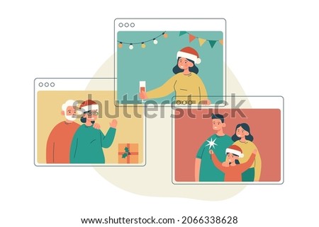 Happy family members making christmas video call. Meeting together online during isolation. Remote holiday greetings concept. Modern flat vector illustration