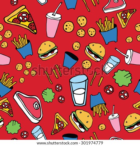 Fast food seamless pattern design on red background