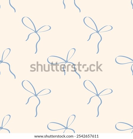 Seamless pattern with cute coquette blue bows. Trendy hair braiding accessory. Hand drawn vector illustration.
