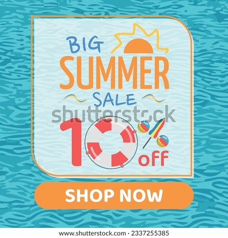 Big Summer Sale 10% off, Orange and Blue, Zero Floater, Beach Balls and Beach Umbrella form the Percentage Symbol, Pool Water Background, Shop Now