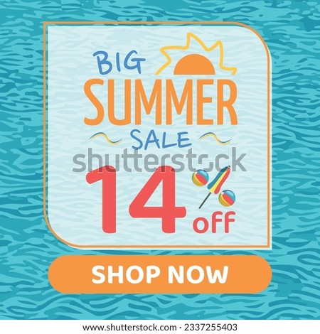 Big Summer Sale 14% off, Orange and Blue, Beach Balls and Beach Umbrella form the Percentage Symbol, Pool Water Background, Shop Now