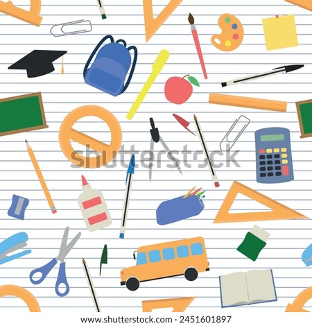 School Supplies Pattern - Assorted School Items on Notebook Paper Background. Pencil, Eraser, Sharpener, Rulers, Backpack, Scissor, Pens, Bus and others. Seamless Link.