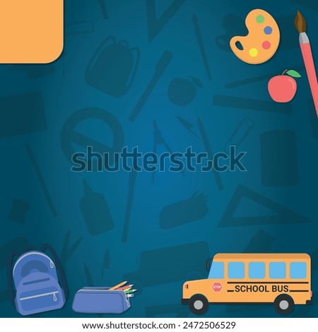 School Layout - Various School Itens on Blue School Supplies Silhouettes Background - Brush, Paint, Backpack, Case, School Bus and Teacher Apple. Square Shape.