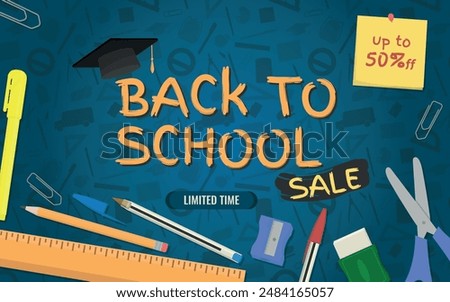 Back to School SALE, Layout and Logo - School Supplies around the Logo on Blue School Supplies Silhouettes Background. Limited Time, Note 50% off, Rectangle Shape.