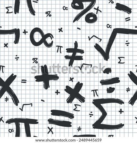 Mathematics Pattern - Various Mathematics Symbols on Squared Paper Sheet Background. Plus, Minus, Times, Divide, Square Root, Equals, Percent, Pi, and others. Seamless Link.