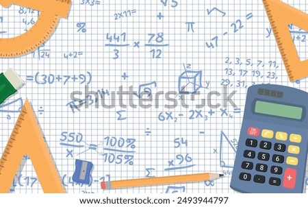 Math Design Layout - Calculator, Pencil, Sharpener, Eraser and Rulers on Squared Paper Sheet with Mathematical Accounts and Symbols Background. Rectangle Shape.