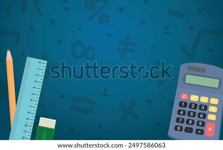 Math Design Layout - Mathematics Layout with Calcutator, Ruler, Pencil and Eraser on Blue Background with Mathematical Symbols. Rectangle Shape.