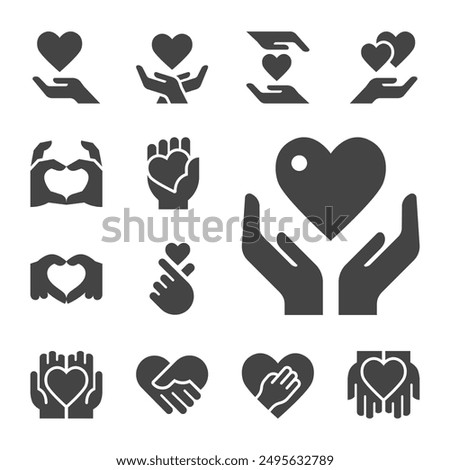 hand with heart solid icon set,vector and illustration