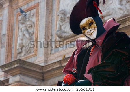 VENICE, FEBRUARY 21, 2009: A mask posing at St Mark\'s Square at the 2009 Venice carnival held February 13 - 24, 2009.