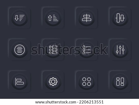 App menu set icon. Application, program, alignment, arrow up and down, list, checkbox, adjust, gear, settings, tune, slider. Technology concept. Neomorphism style. Vector line icon for Business.