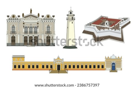  Vector set of famous places in the city of Natal, Rio Grande do Norte, Brazil. This set contains a theater, the Mother Luiza's Lighthouse , a famous fortress and a Tourism Center of the city